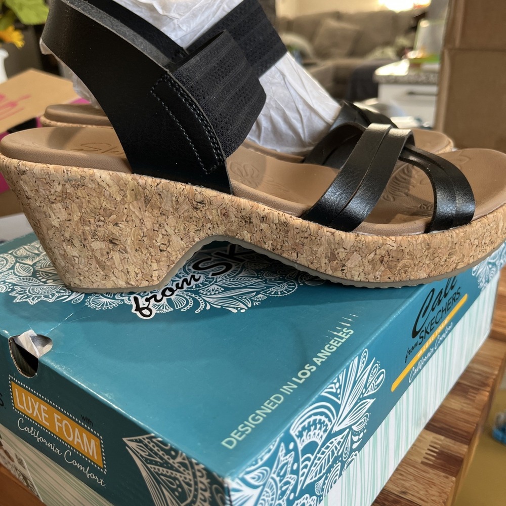 Skechers  Vegan Slingback Wedge Sandals Night Skies Womens Size 8.5 Black Nib